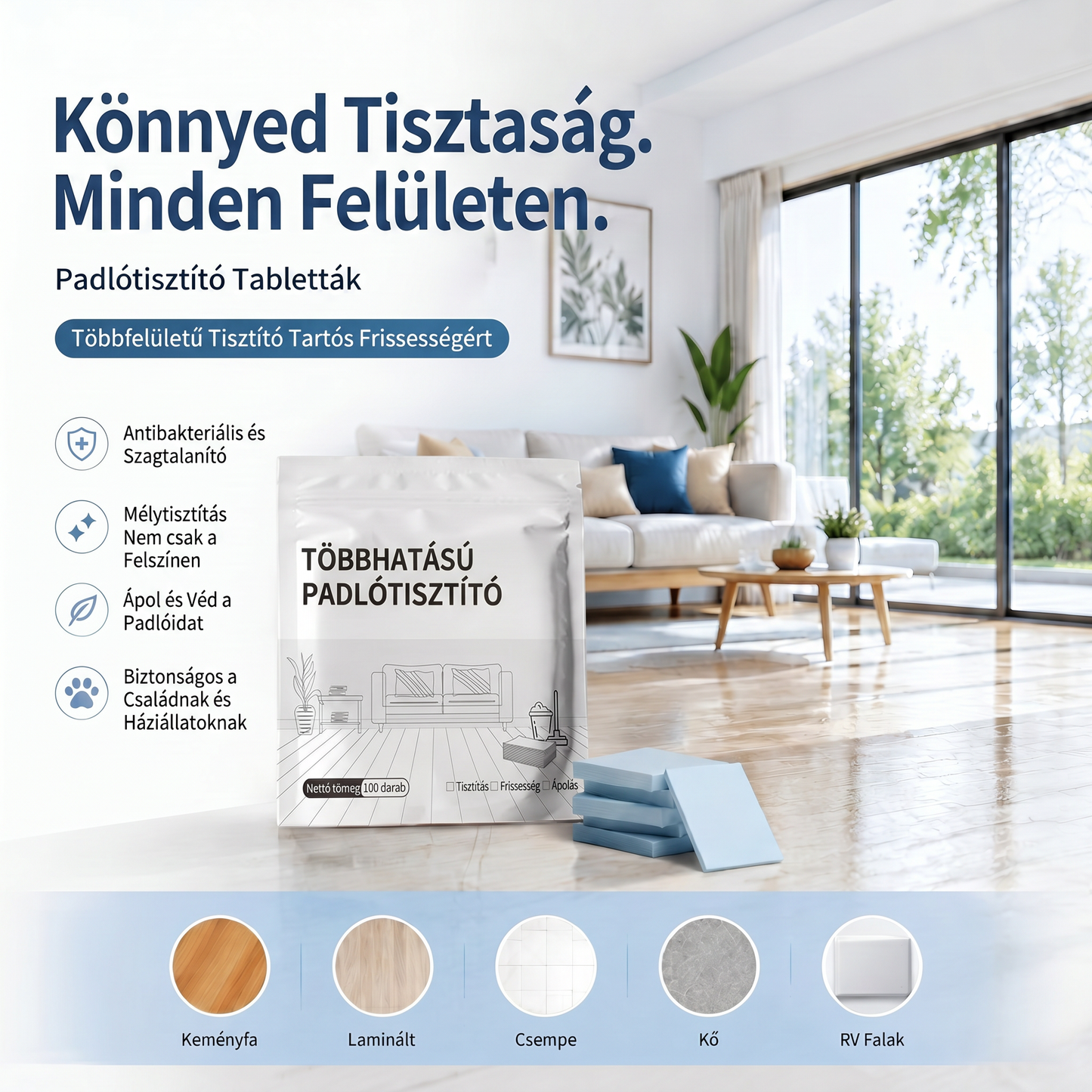 PKNEW® Padlótisztító Tabletták – Többfelületű tisztítószer keményfához, laminált padlóhoz, csempe- és lakóautó-falakhoz. Antibakteriális, szagtalanító és ápoló hatás 💕