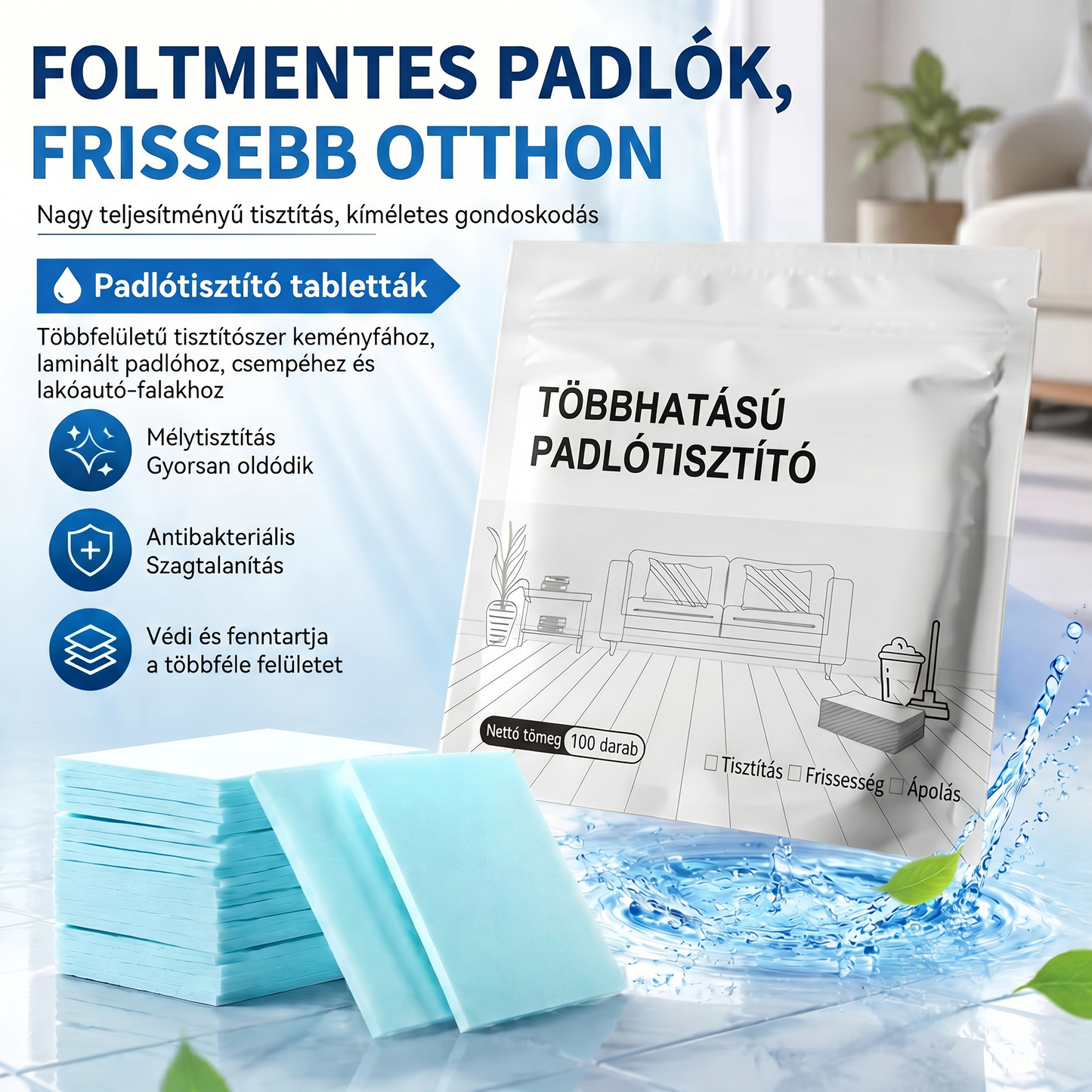 PKNEW® Padlótisztító Tabletták – Többfelületű tisztítószer keményfához, laminált padlóhoz, csempe- és lakóautó-falakhoz. Antibakteriális, szagtalanító és ápoló hatás 💕