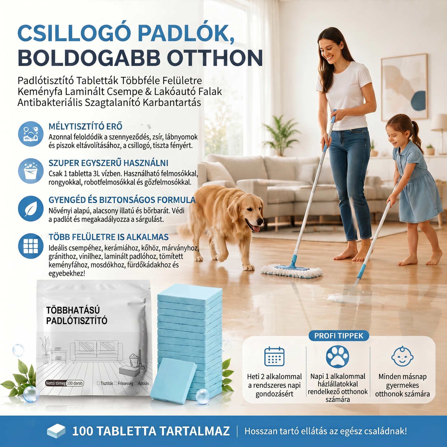PKNEW® Padlótisztító Tabletták – Többfelületű tisztítószer keményfához, laminált padlóhoz, csempe- és lakóautó-falakhoz. Antibakteriális, szagtalanító és ápoló hatás 💕